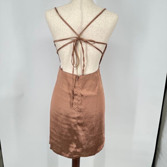 Topshop Satin Bronze Mini Strappy Backless Square Neck New Dress Womens - Picture 3 of 7